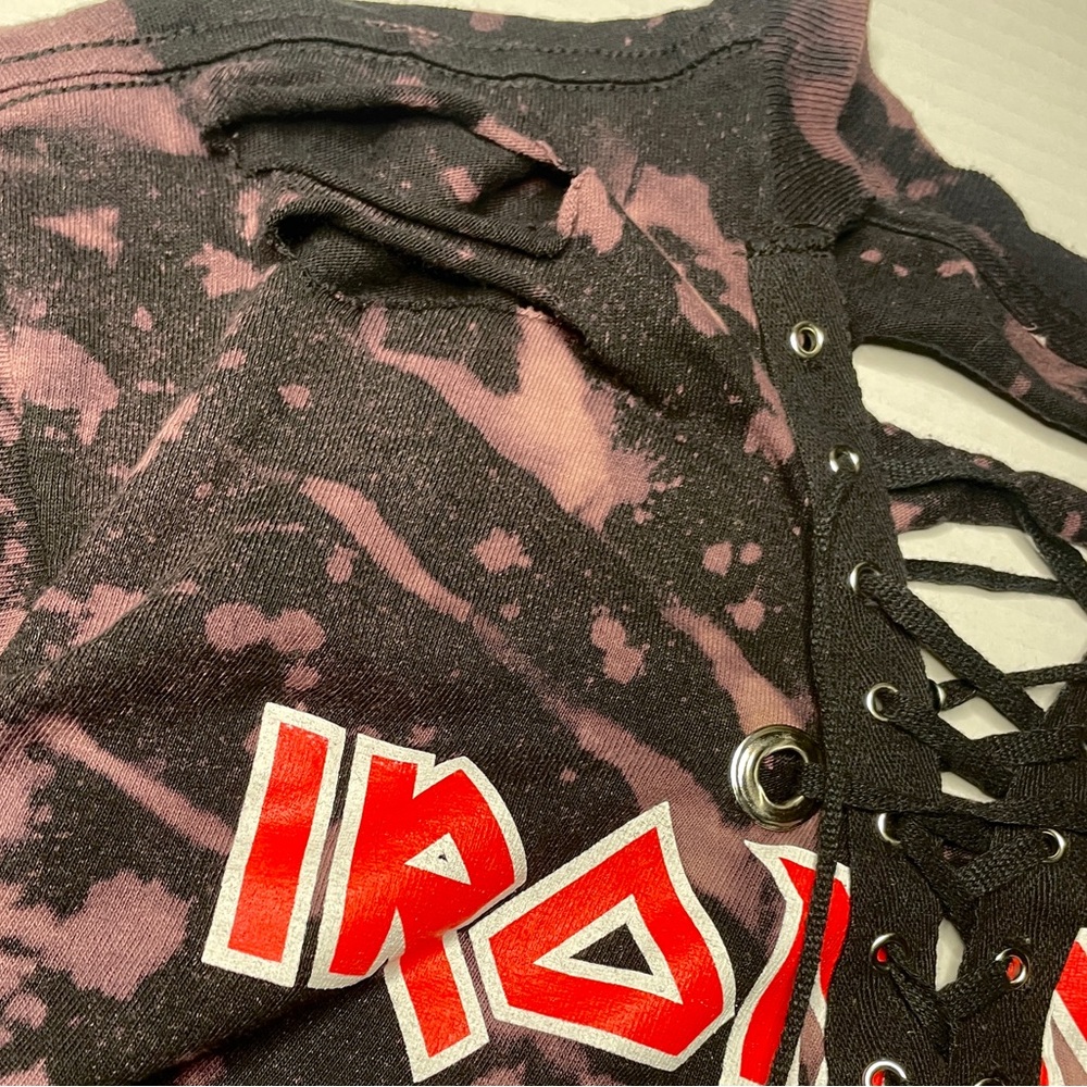 IRON MAIDEN Womens Small T Shirt Distressed Holes The Trooper Tie Dye Metal Rock - Picture 6 of 10